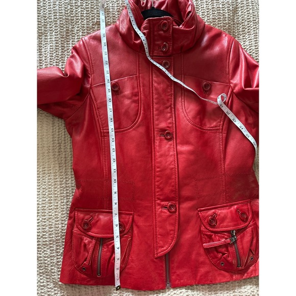DANIER Red Italian Leather Jacket Women M/M‎ Funnel Neck Button Front Pockets - Picture 6 of 9